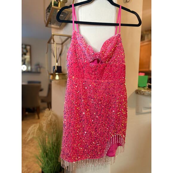 Double Crazy Pink Sequin Crystal Beaded Hem Mini Dress Size S 2-6 - Picture 3 of 8